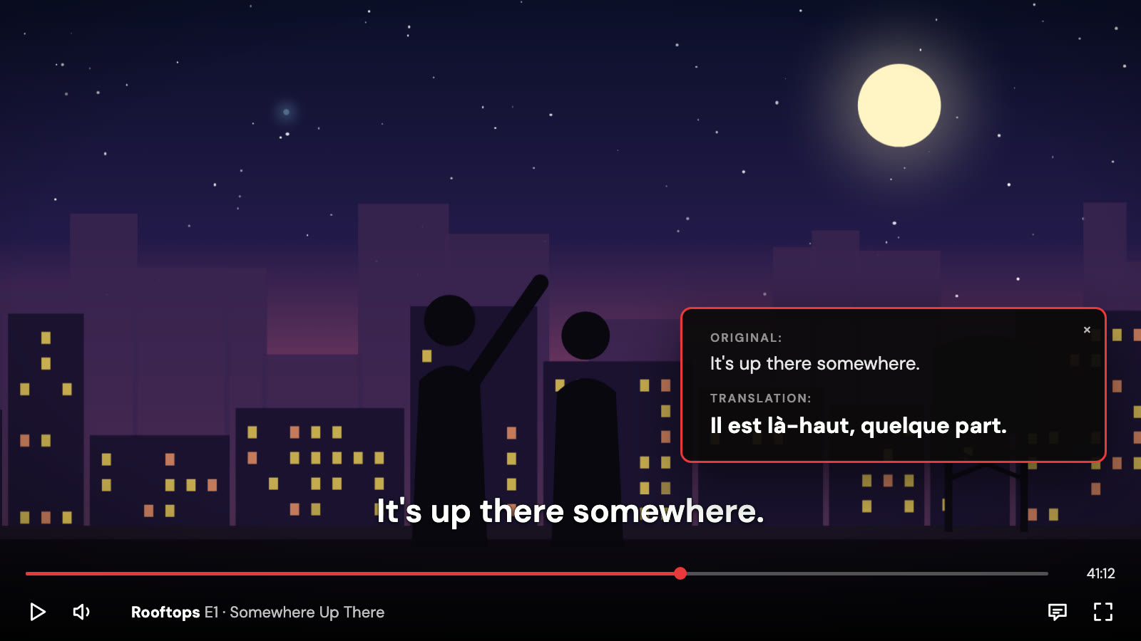 SubSnap's translation card over a paused show